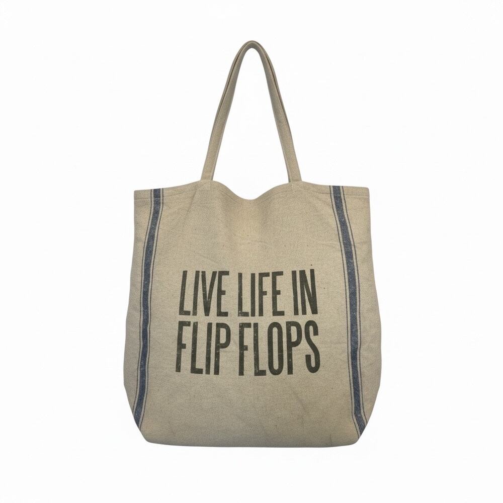 Primitives by Kathy Live Life in Flip Flops Burlap Beach Tote Market Bag